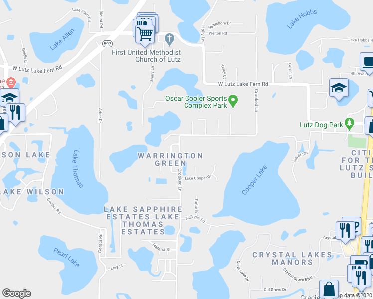 map of restaurants, bars, coffee shops, grocery stores, and more near 18731 Crooked Lane in Lutz