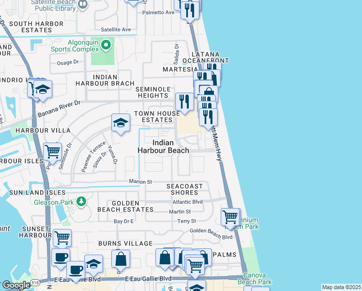 map of restaurants, bars, coffee shops, grocery stores, and more near 501 Palm Springs Boulevard in Indian Harbour Beach