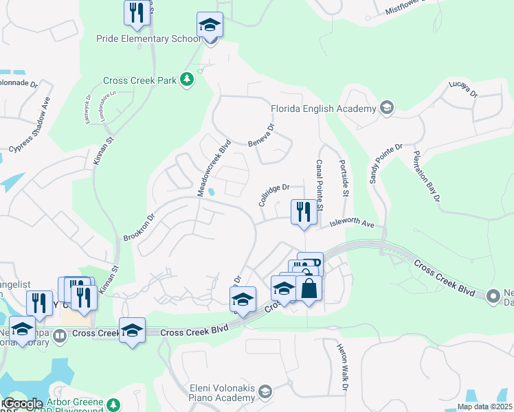 map of restaurants, bars, coffee shops, grocery stores, and more near 18210 Collridge Drive in Tampa