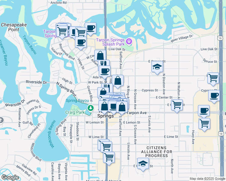 map of restaurants, bars, coffee shops, grocery stores, and more near 311 North Safford Avenue in Tarpon Springs