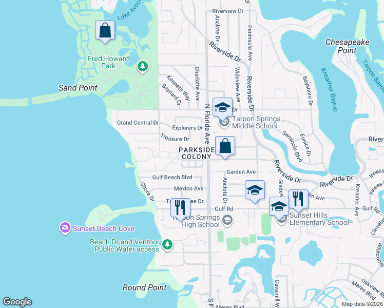 map of restaurants, bars, coffee shops, grocery stores, and more near 111 Parkside Colony Drive in Tarpon Springs