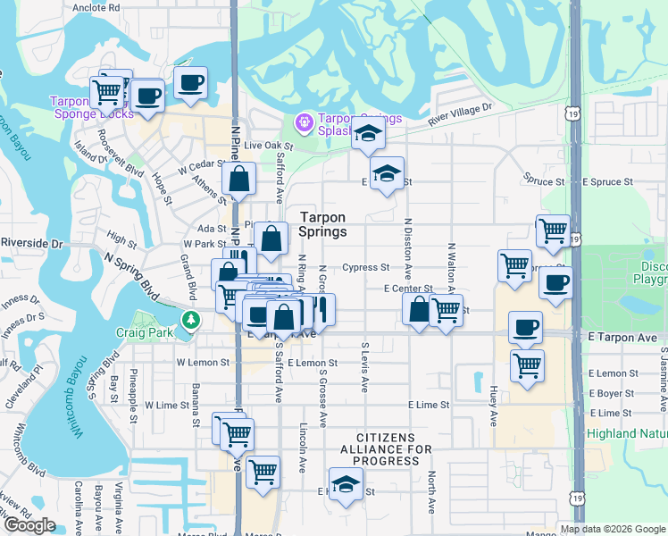 map of restaurants, bars, coffee shops, grocery stores, and more near 422 Cypress Street in Tarpon Springs