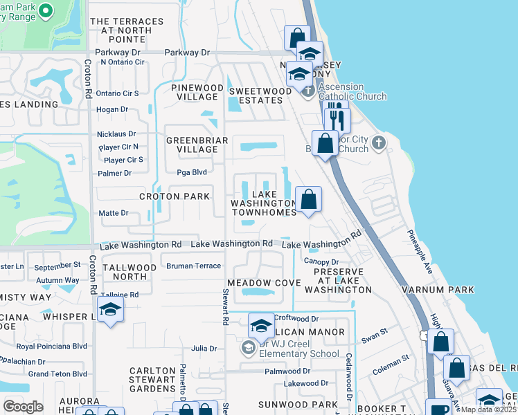 map of restaurants, bars, coffee shops, grocery stores, and more near 2775 Reston Street in Melbourne