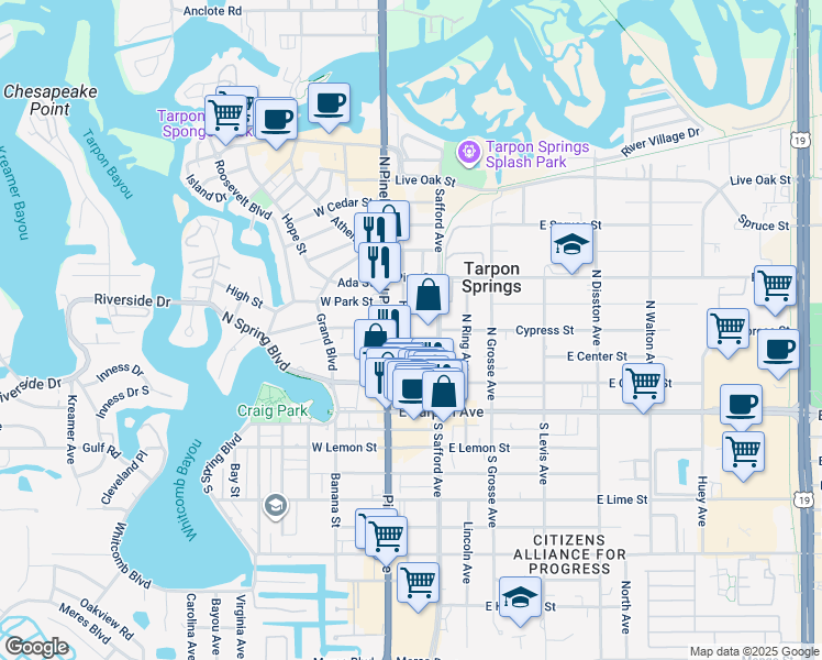 map of restaurants, bars, coffee shops, grocery stores, and more near 311 North Safford Avenue in Tarpon Springs