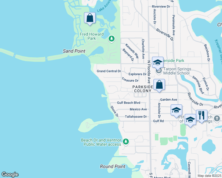 map of restaurants, bars, coffee shops, grocery stores, and more near 360 Windrush Loop in Tarpon Springs