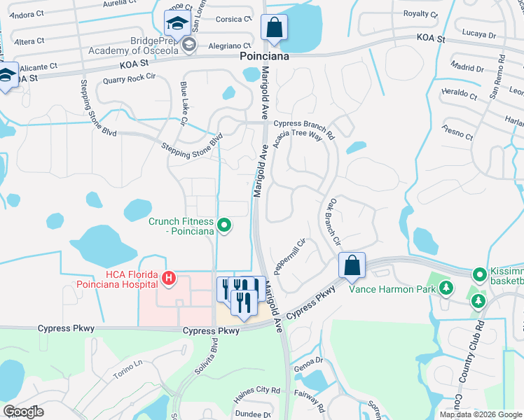 map of restaurants, bars, coffee shops, grocery stores, and more near 456 Tamarind Parke Lane in Kissimmee