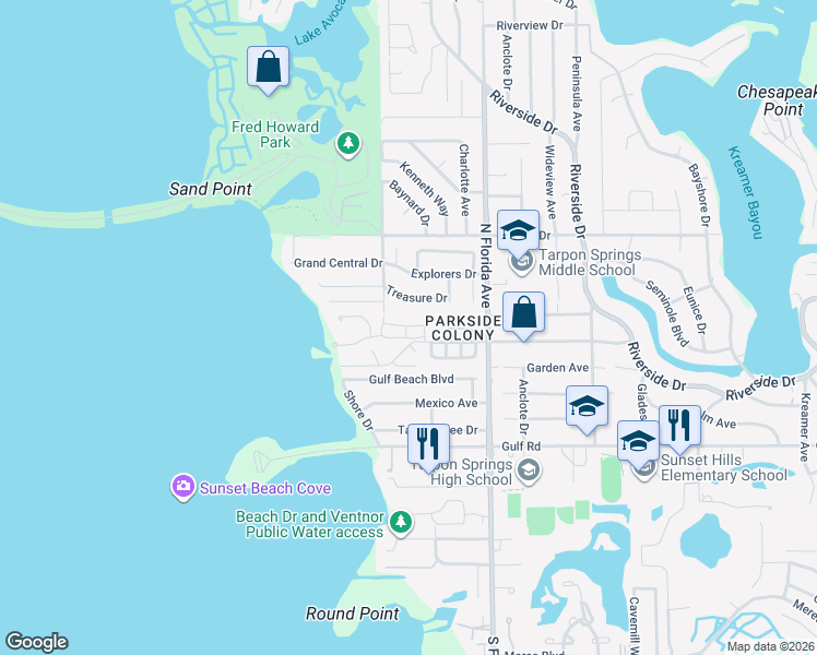 map of restaurants, bars, coffee shops, grocery stores, and more near 1630 Windrush Bay Drive in Tarpon Springs