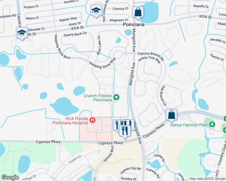 map of restaurants, bars, coffee shops, grocery stores, and more near Marigold Avenue in Poinciana