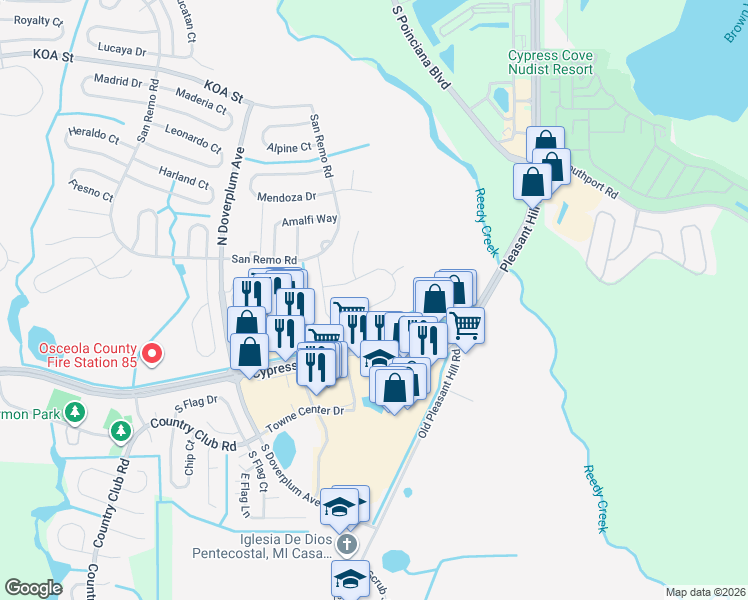 map of restaurants, bars, coffee shops, grocery stores, and more near 37 Cordona Drive in Kissimmee