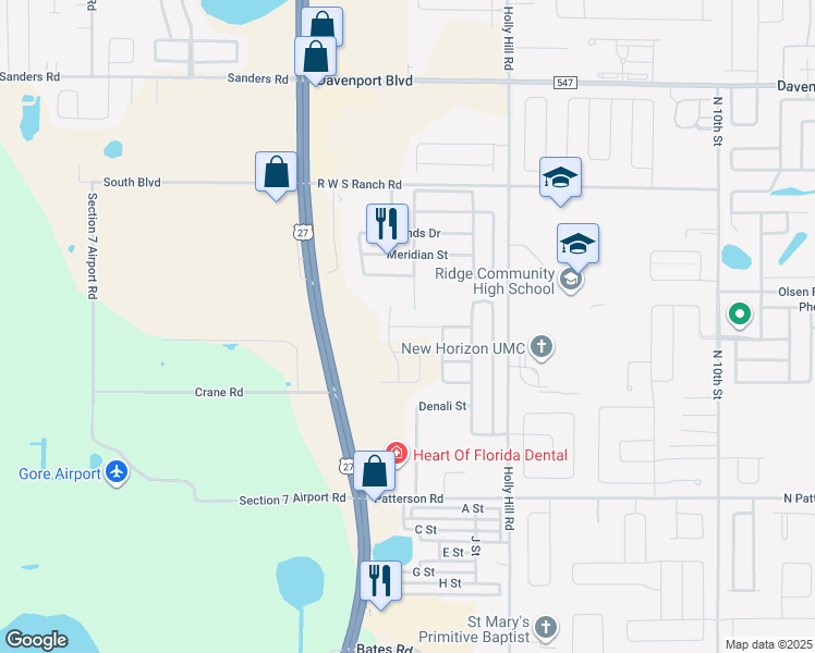 map of restaurants, bars, coffee shops, grocery stores, and more near 864 Teton Street in Haines City