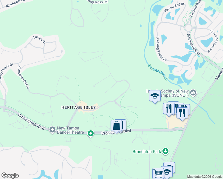 map of restaurants, bars, coffee shops, grocery stores, and more near 18111 Diamond Cove Court in Tampa