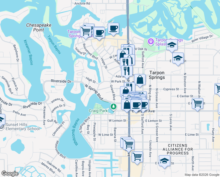 map of restaurants, bars, coffee shops, grocery stores, and more near 101 Read Street in Tarpon Springs