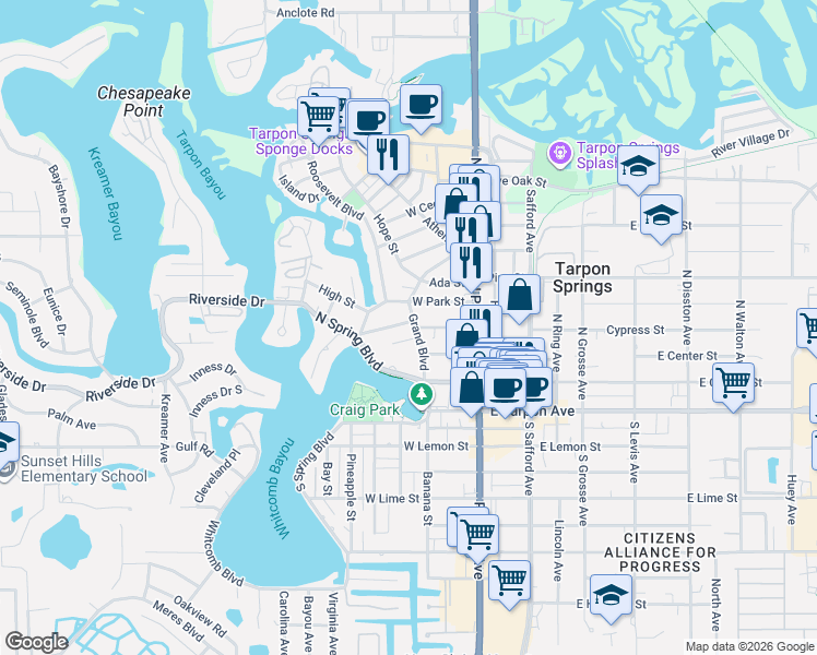 map of restaurants, bars, coffee shops, grocery stores, and more near 101 Read Street in Tarpon Springs