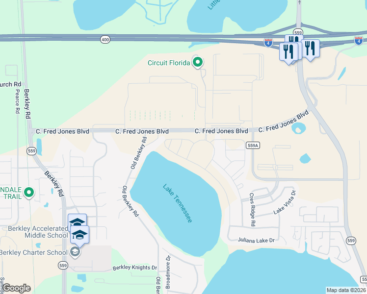 map of restaurants, bars, coffee shops, grocery stores, and more near 444-574 County Road 559A in Auburndale