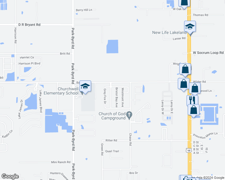map of restaurants, bars, coffee shops, grocery stores, and more near 8189 Oakhurst Boulevard in Lakeland