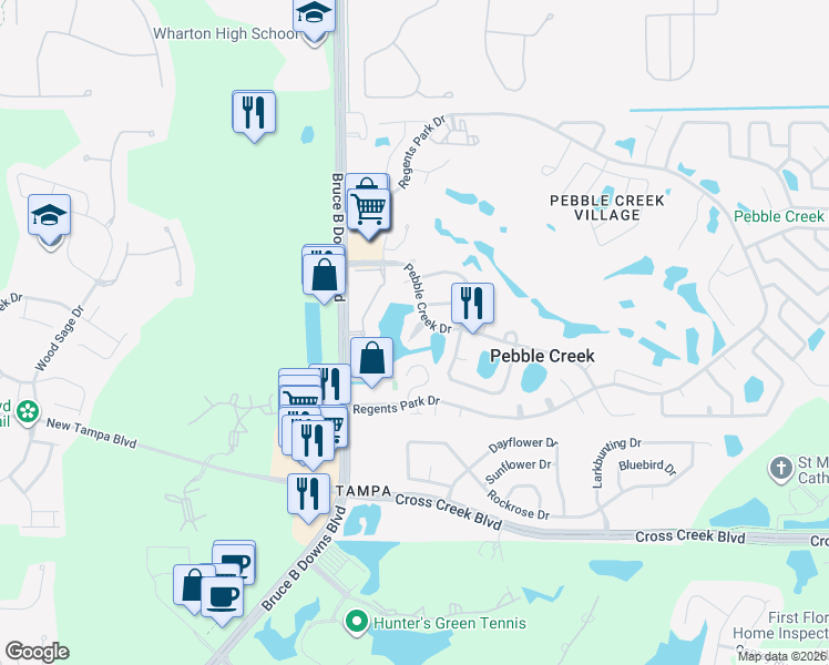 map of restaurants, bars, coffee shops, grocery stores, and more near 18501 Pebble Lake Court in Tampa