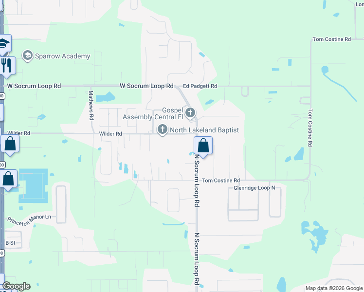 map of restaurants, bars, coffee shops, grocery stores, and more near 220 Wilder Road in Lakeland