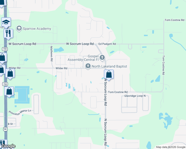 map of restaurants, bars, coffee shops, grocery stores, and more near 220 Wilder Road in Lakeland