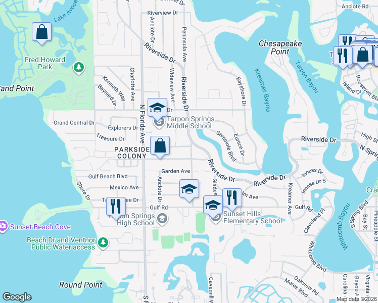map of restaurants, bars, coffee shops, grocery stores, and more near 401 Peninsula Avenue in Tarpon Springs