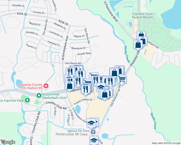 map of restaurants, bars, coffee shops, grocery stores, and more near 11 Cordona Drive in Poinciana