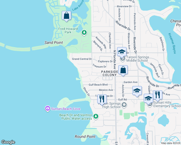 map of restaurants, bars, coffee shops, grocery stores, and more near 334 Windrush Loop in Tarpon Springs