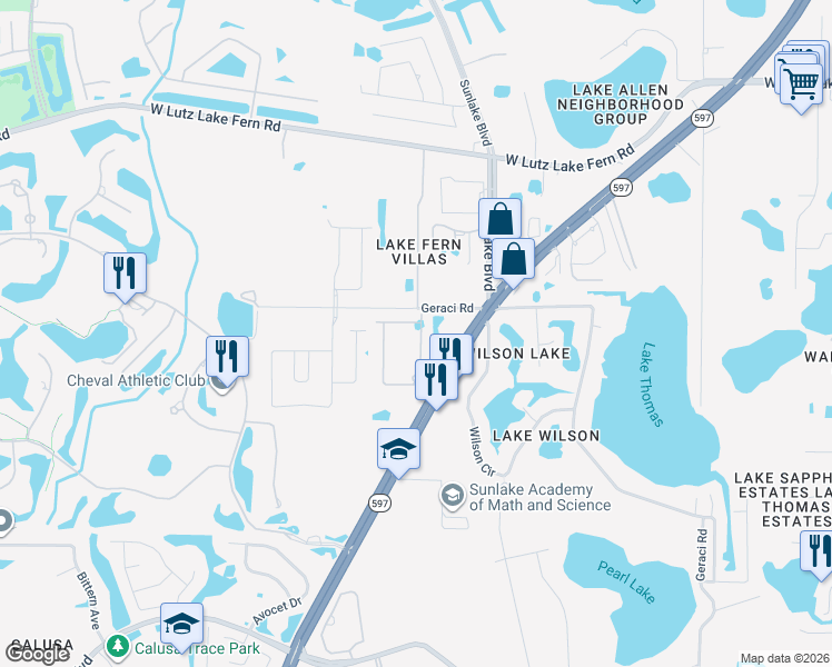 map of restaurants, bars, coffee shops, grocery stores, and more near 18864 Noble Caspian Drive in Lutz