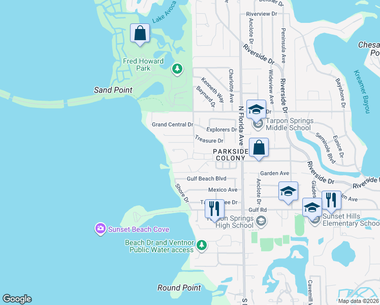 map of restaurants, bars, coffee shops, grocery stores, and more near 334 Windrush Loop in Tarpon Springs
