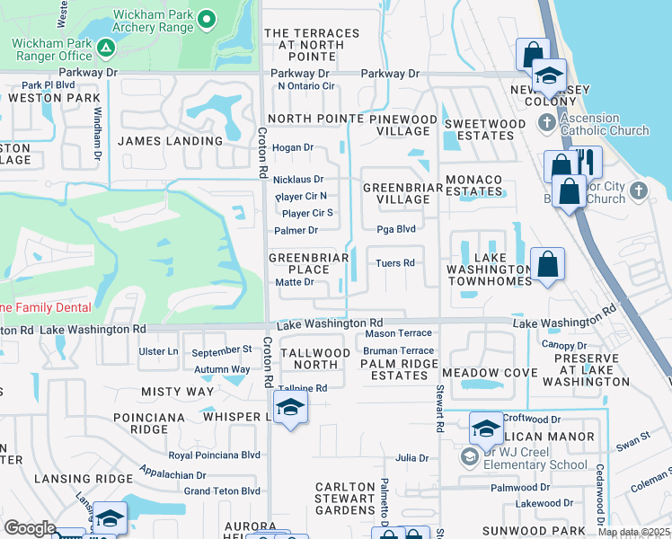 map of restaurants, bars, coffee shops, grocery stores, and more near 2573 Matte Drive in Melbourne