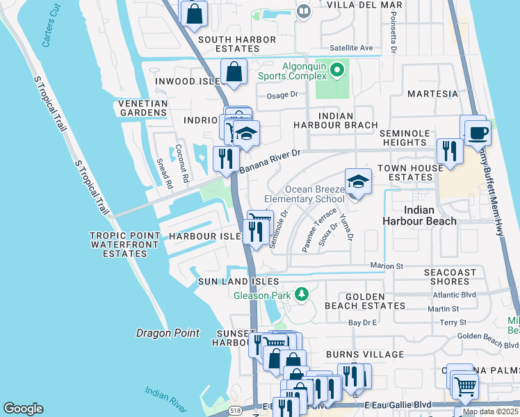 map of restaurants, bars, coffee shops, grocery stores, and more near 111 Kristi Drive in Satellite Beach