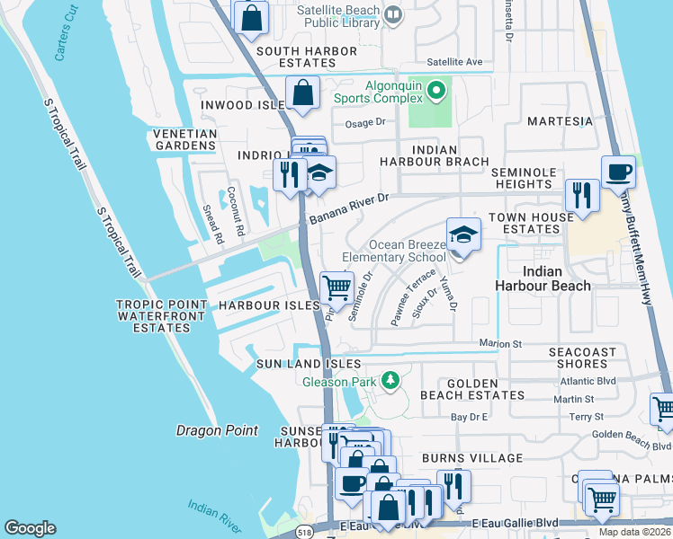 map of restaurants, bars, coffee shops, grocery stores, and more near 103 Kristi Drive in Satellite Beach