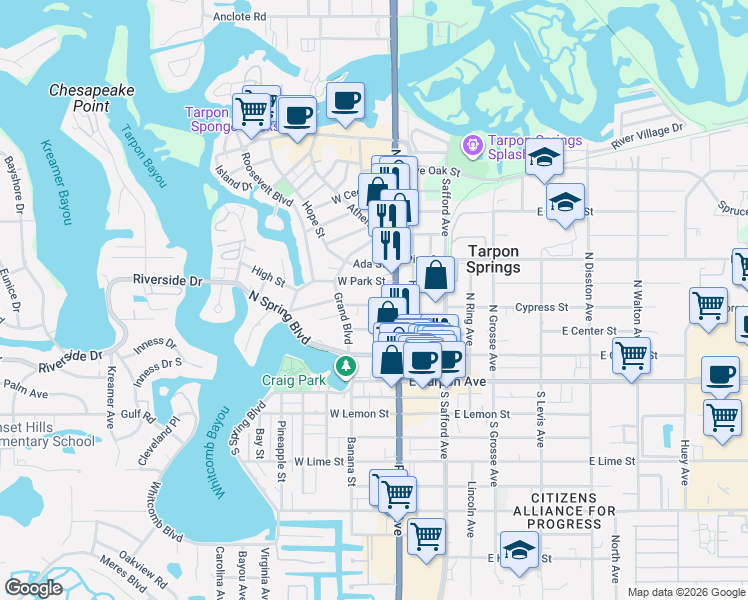 map of restaurants, bars, coffee shops, grocery stores, and more near 33 Read Street in Tarpon Springs
