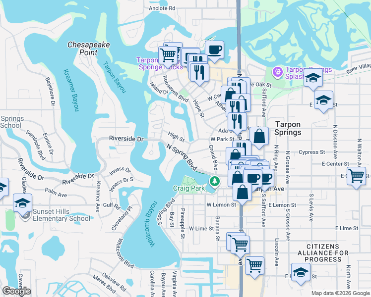 map of restaurants, bars, coffee shops, grocery stores, and more near 160 Read Street in Tarpon Springs