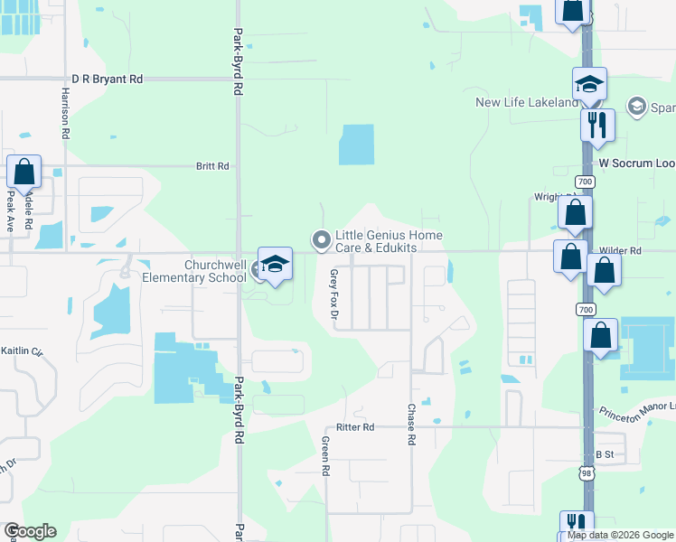 map of restaurants, bars, coffee shops, grocery stores, and more near 1809 Grey Fox Drive in Lakeland
