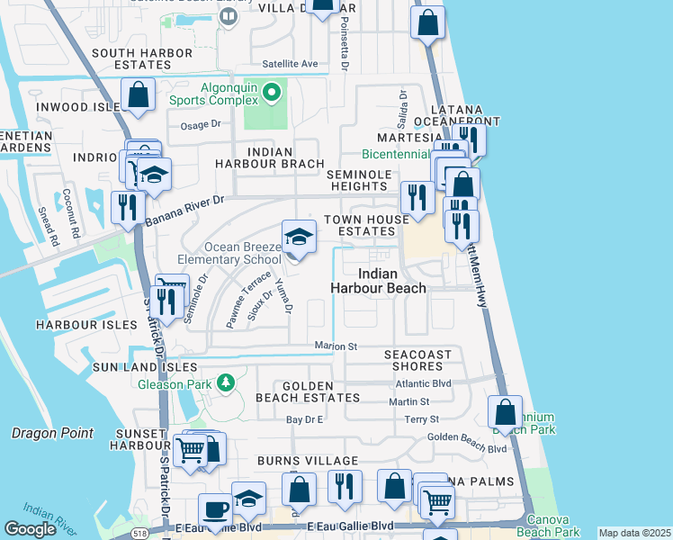 map of restaurants, bars, coffee shops, grocery stores, and more near 1055 Cheyenne Boulevard in Satellite Beach