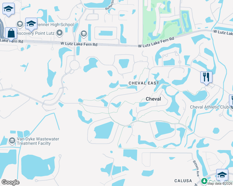 map of restaurants, bars, coffee shops, grocery stores, and more near 4527 Cheval Boulevard in Lutz