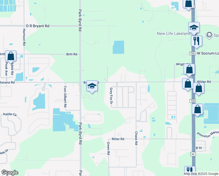 map of restaurants, bars, coffee shops, grocery stores, and more near 1810 Grey Fox Drive in Lakeland