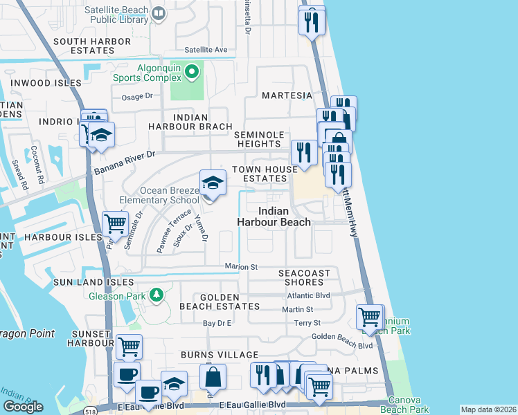 map of restaurants, bars, coffee shops, grocery stores, and more near in Indian Harbour Beach