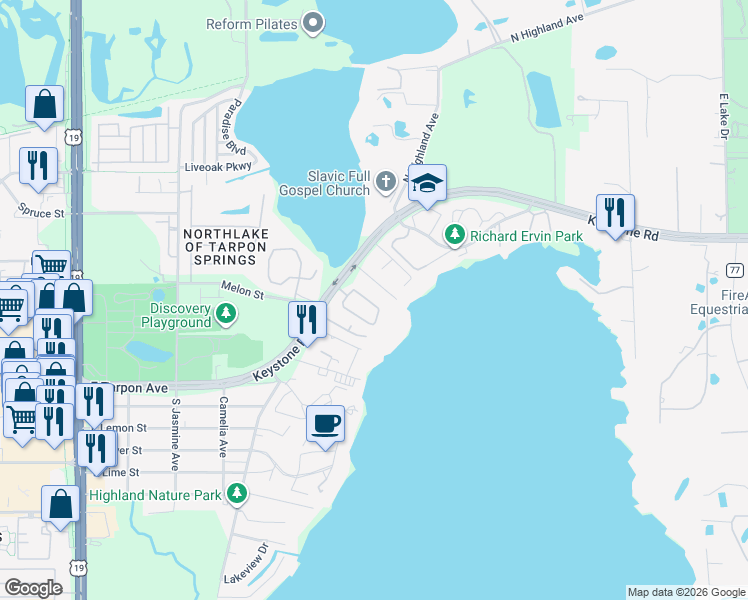 map of restaurants, bars, coffee shops, grocery stores, and more near 1467 Keystone Ridge Circle in Tarpon Springs