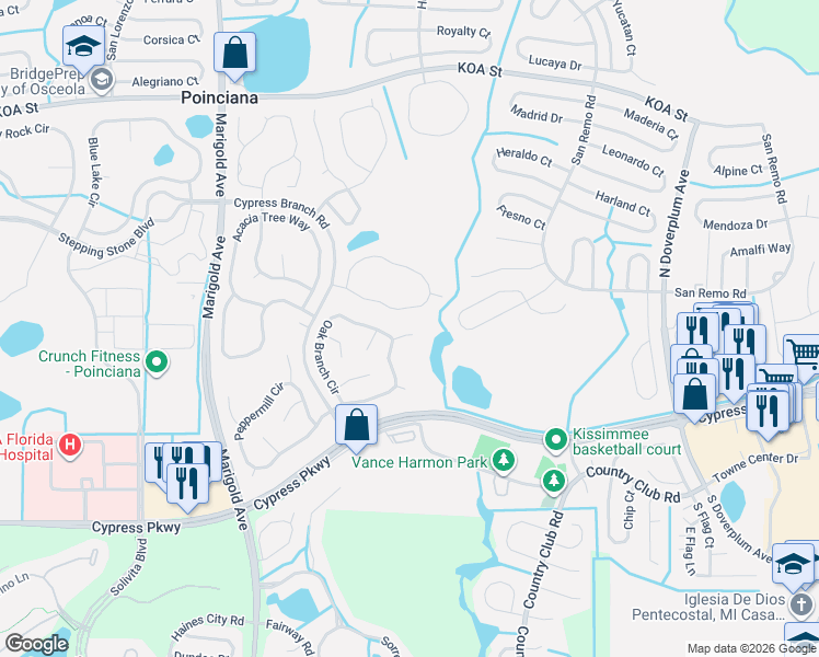 map of restaurants, bars, coffee shops, grocery stores, and more near 504 Pine Bark Court in Kissimmee