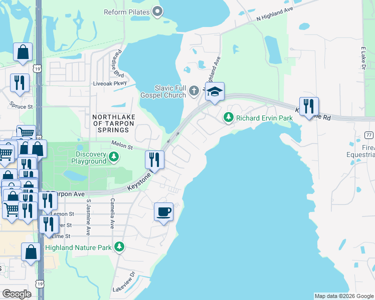 map of restaurants, bars, coffee shops, grocery stores, and more near 1467 Keystone Ridge Circle in Tarpon Springs