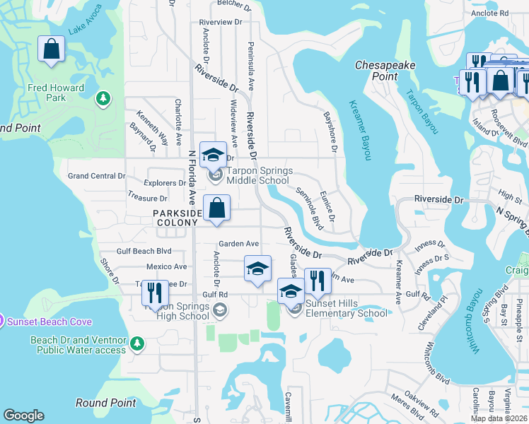 map of restaurants, bars, coffee shops, grocery stores, and more near 401 Peninsula Avenue in Tarpon Springs