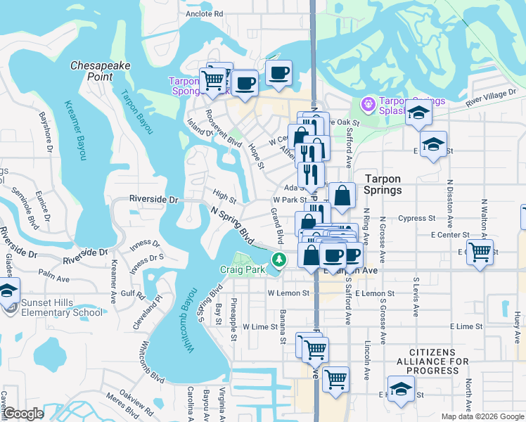 map of restaurants, bars, coffee shops, grocery stores, and more near 101 Read Street in Tarpon Springs
