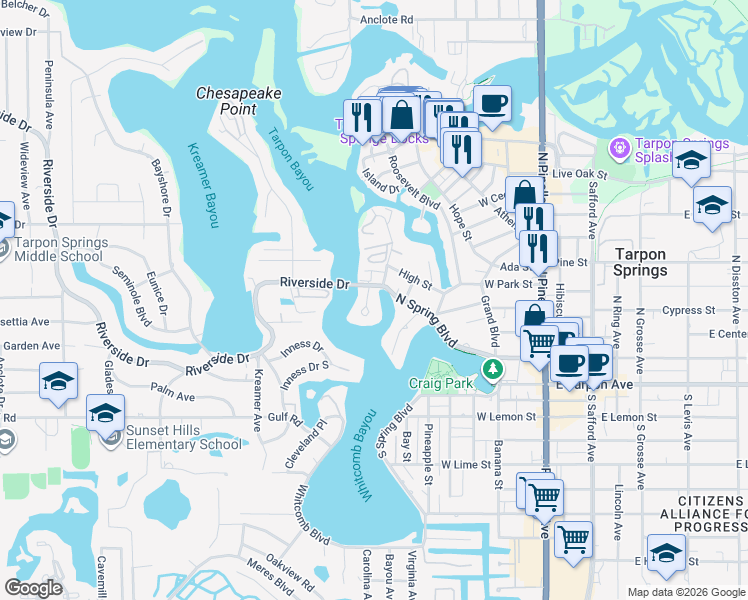 map of restaurants, bars, coffee shops, grocery stores, and more near 7 Venetian Court in Tarpon Springs