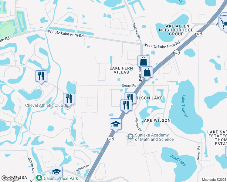 map of restaurants, bars, coffee shops, grocery stores, and more near 18609 Noble Caspian Drive in Lutz
