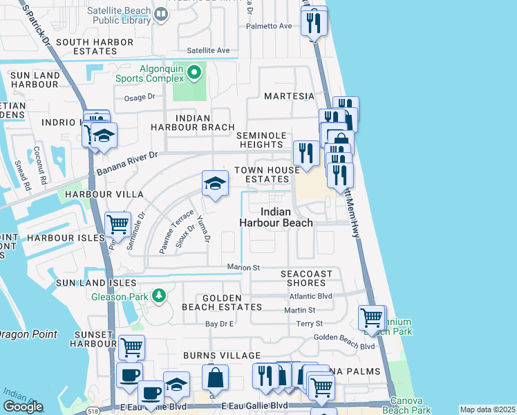 map of restaurants, bars, coffee shops, grocery stores, and more near 1047 Small Court in Indian Harbour Beach