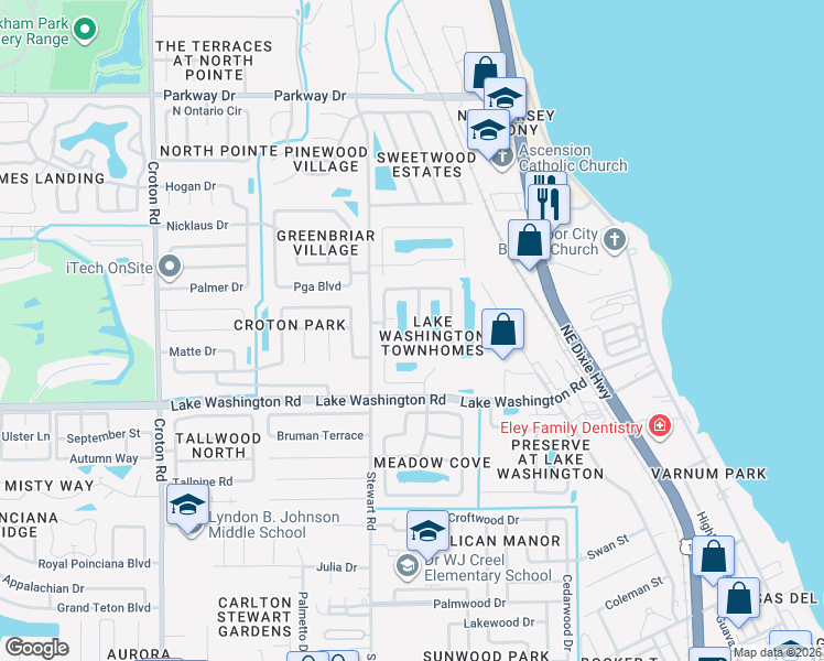 map of restaurants, bars, coffee shops, grocery stores, and more near 2780 Reston Street in Melbourne