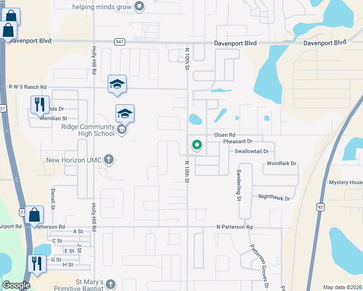 map of restaurants, bars, coffee shops, grocery stores, and more near 116 Tanager Street in Haines City