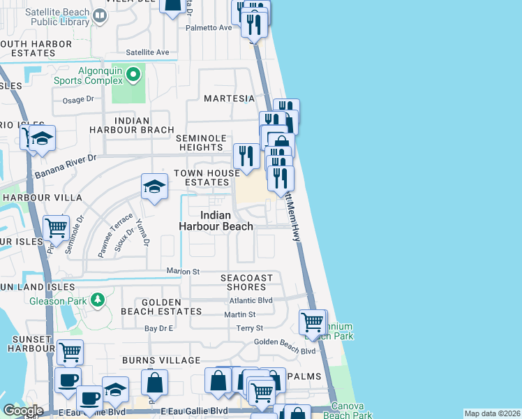 map of restaurants, bars, coffee shops, grocery stores, and more near 117 Lancha Circle in Indian Harbour Beach