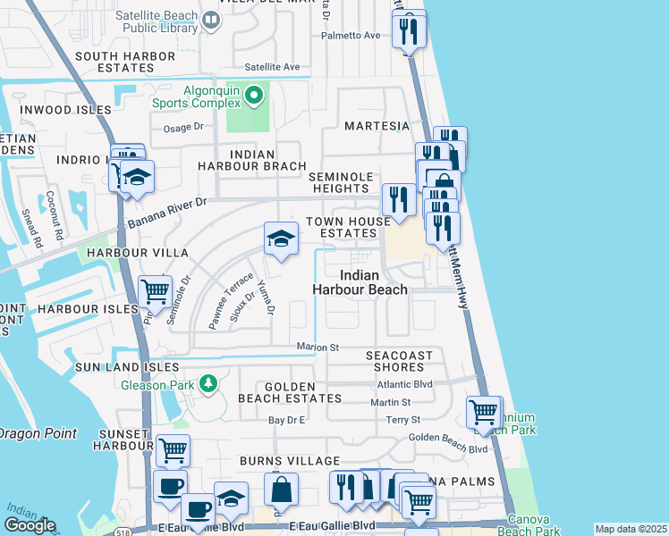 map of restaurants, bars, coffee shops, grocery stores, and more near in Indian Harbour Beach