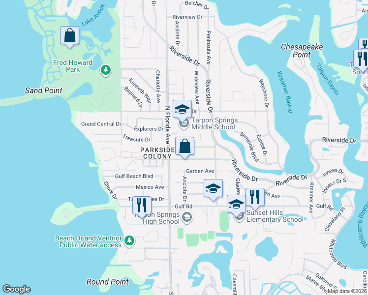 map of restaurants, bars, coffee shops, grocery stores, and more near 1508 Poinsettia Avenue in Tarpon Springs